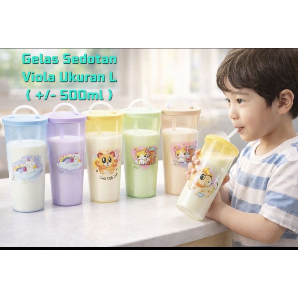 GELAS TUTUP SEDOTAN 500ML VIOLA / GELAS SEDOTAN ANAK ANAK