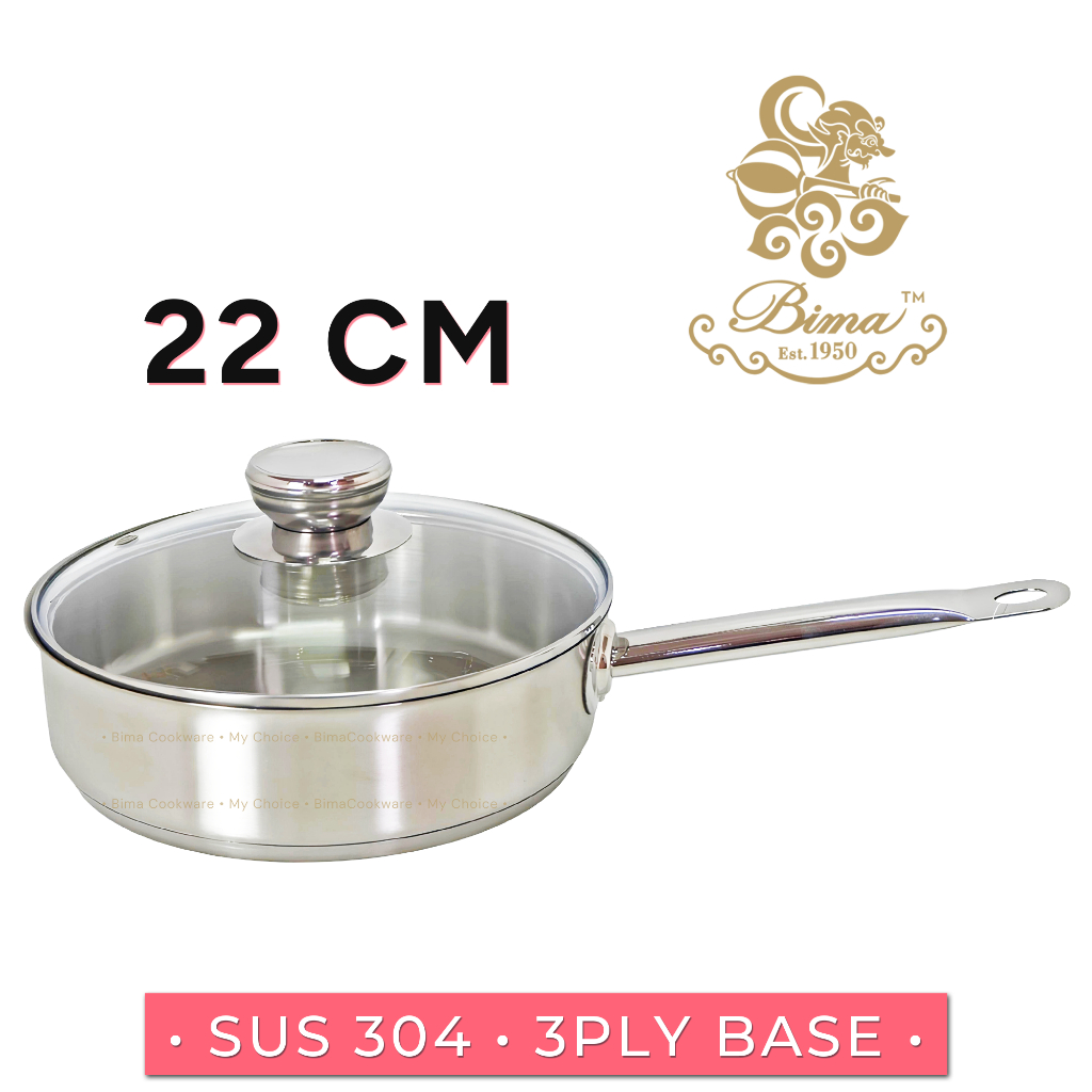 BIMA Wajan Stainless Steel SUS 304 22cm + Tutup Kaca - Saute Pan Panci Deep Fry 3-Ply Base Food Grad
