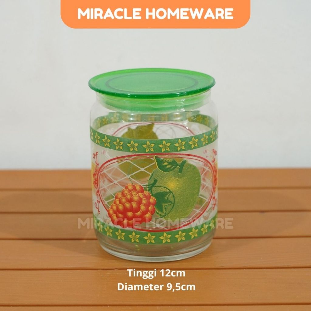 Toples Kaca Motif Buah Tutup Hijau Toples Makanan