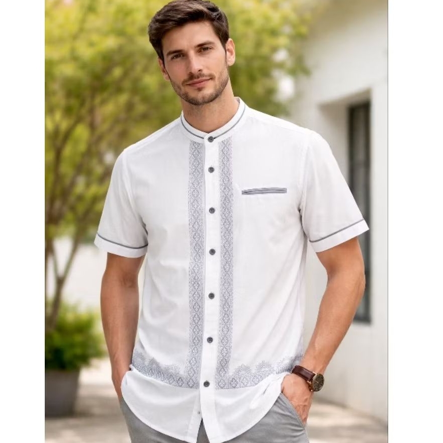 Baju Koko Pria Cardinal Lengan Pendek Putih Motif Bordir – Size M