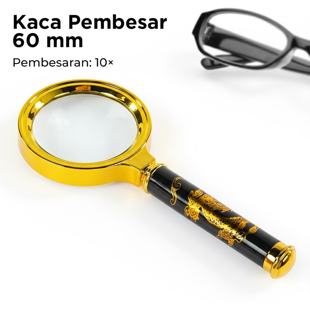 Kaca Pembesar 10X Diameter 60mm Handheld Lup Baca Desain Naga Elegan