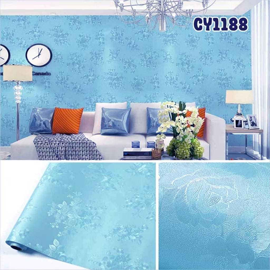 1 Kg 2 roll Wallpaper dinding 45cm x 10 m motif Embos Biru