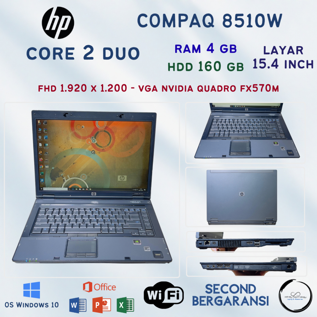 HP Compaq 8510W Core 2 Duo T7700 RAM 4GB HDD 160GB Nvidia Quadro 15.4” Laptop Bekas