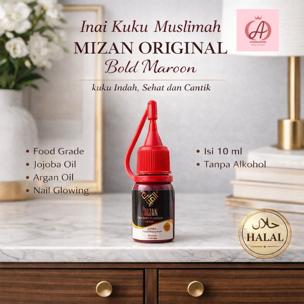 MIZAN-(Bold Maroon) Inai Kutek Halal Original Premium Kandungan Food Grade Jojoba Oil Argan Oil Hala