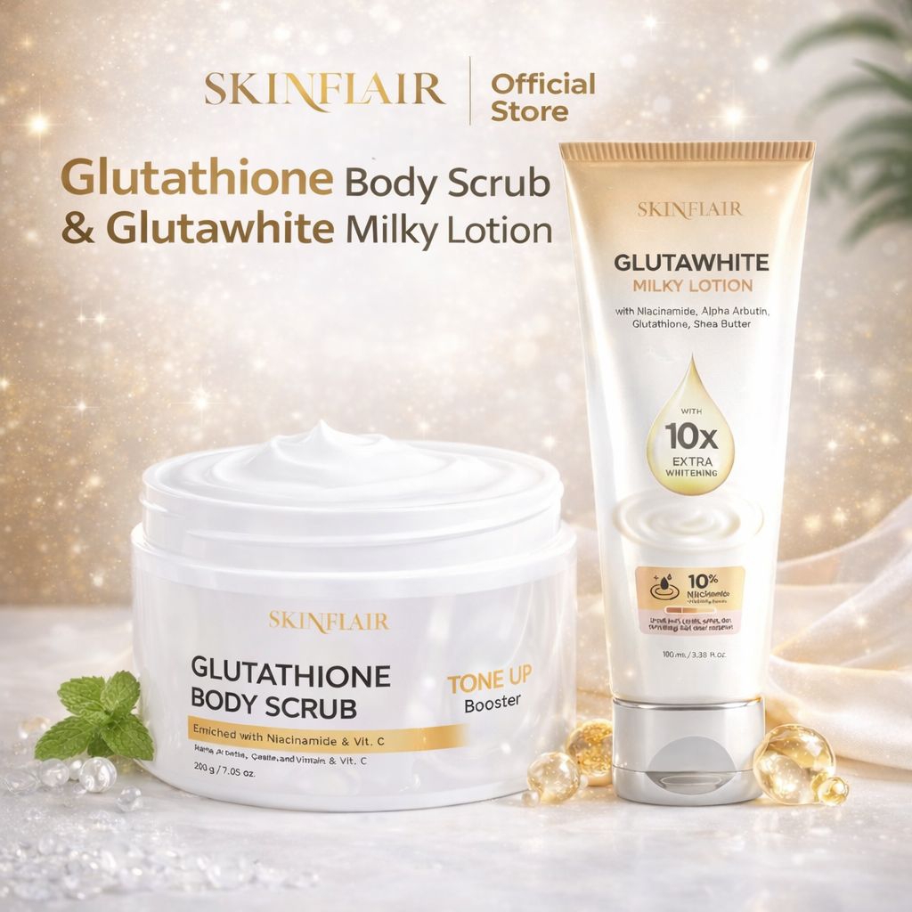 Skinflair Rainy Skin Duo | Glutawhite Milky Lotion & Glutathione Body Scrub | Lembab & Cerah