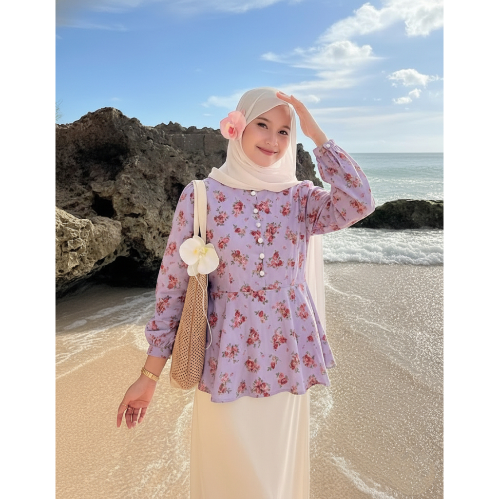 Blouse Bunga Lavenda Blossom Baby Doll Korean Style Lengan Panjang Hijab Atasan Baju Wanita Motif Ca