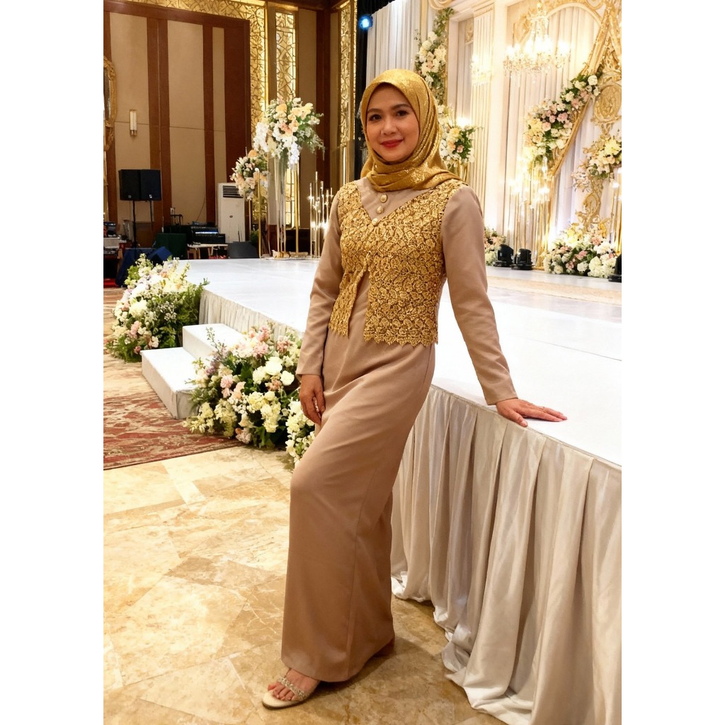 Gamis Jersey Coklat Susu + Rompi Brokat