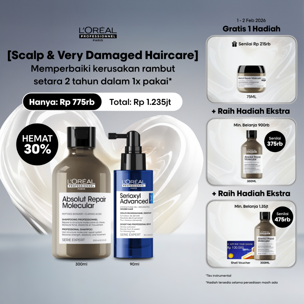 Absolut Repair Molecular Shampoo + Serioxyl Denser Activator Serum Hair Growth Set untuk Rambut Kuat