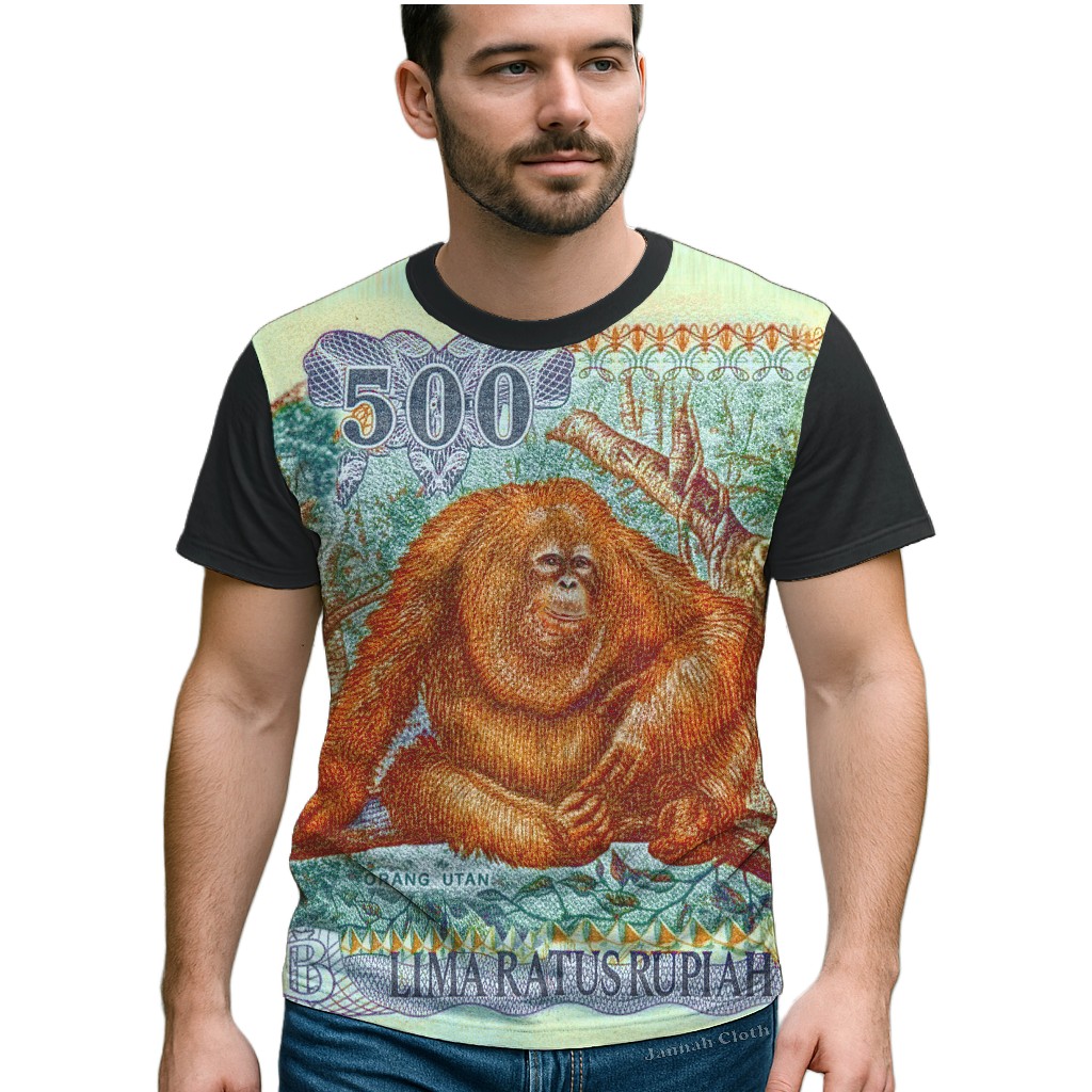 Kaos Baju Printing Uang 500 Jadul Gambar Orang Utan - Unisex - Tersedia Ukuran Anak dan Dewasa