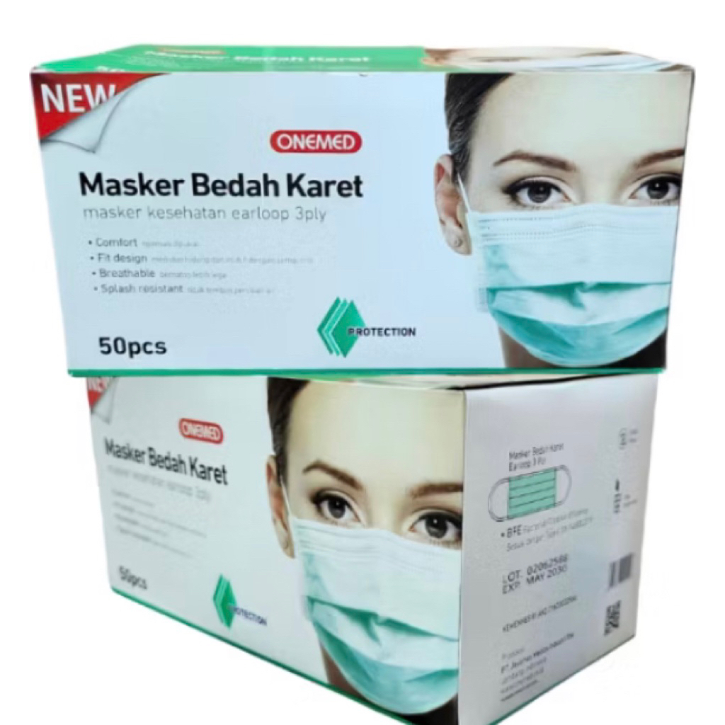 Masker Medis OneMed 3 Ply Earloop Putih 50 pcs - Lembut, Tahan Air, Nyaman Dipakai