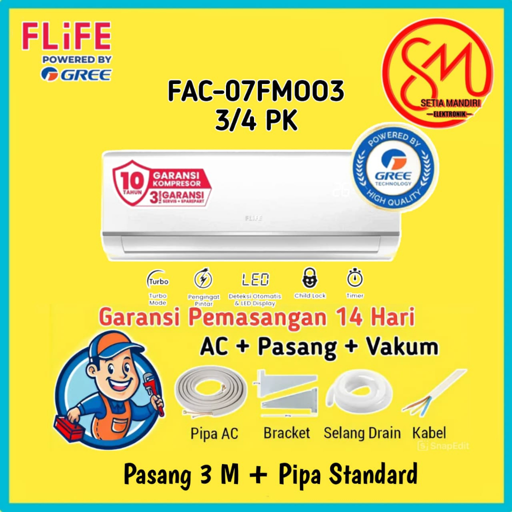FLIFE by GREE AC 3/4 PK Standard - Turbo Mode - LED Display - Smart Cleaner - Model FAC-07FMOO3