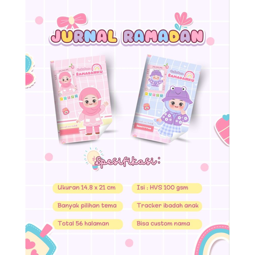 JURNAL RAMADHAN TRACKER CATATAN HARIAN DIARY BULAN PUASA TEMA ANAK MUSLIMAH LUCU CANTIK FULL COLOUR 