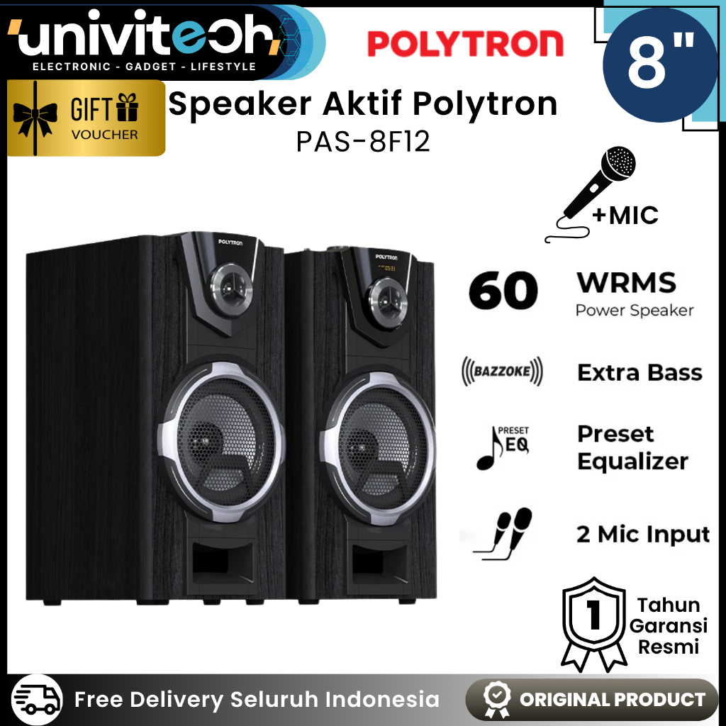 Polytron Speaker Aktif Bluetooth 8inch 2 Woofer Extra Bass Preset Equalizer 3-Band Tone - PAS 8F12