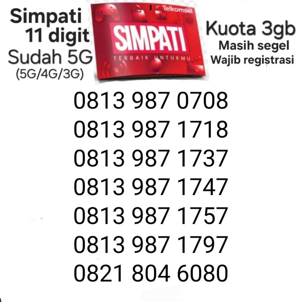 Nomor Cantik Simpati 11 Digit Paket 3gb Kuota 3 Gb Telkomsel Kartu AS Loop Perdana Murah Termurah