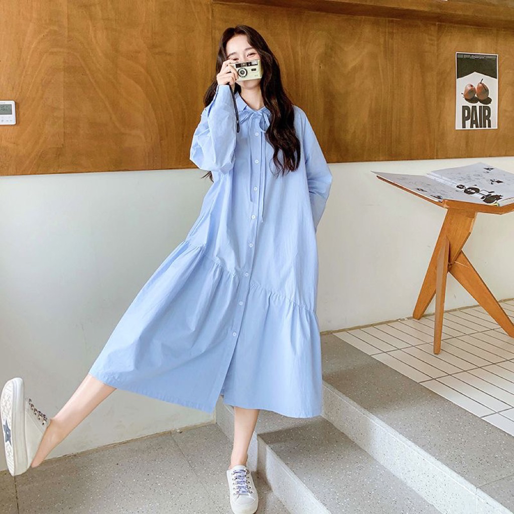 Midi dress biru lengan panjang / dress korean style