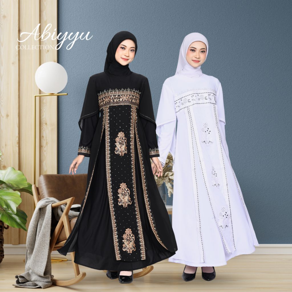 TA9021 | Gamis Abaya Turki Mewah Turkey Bahan Jersey mix Ceruty Turkiy Putih  Hitam Elegan dan Warna