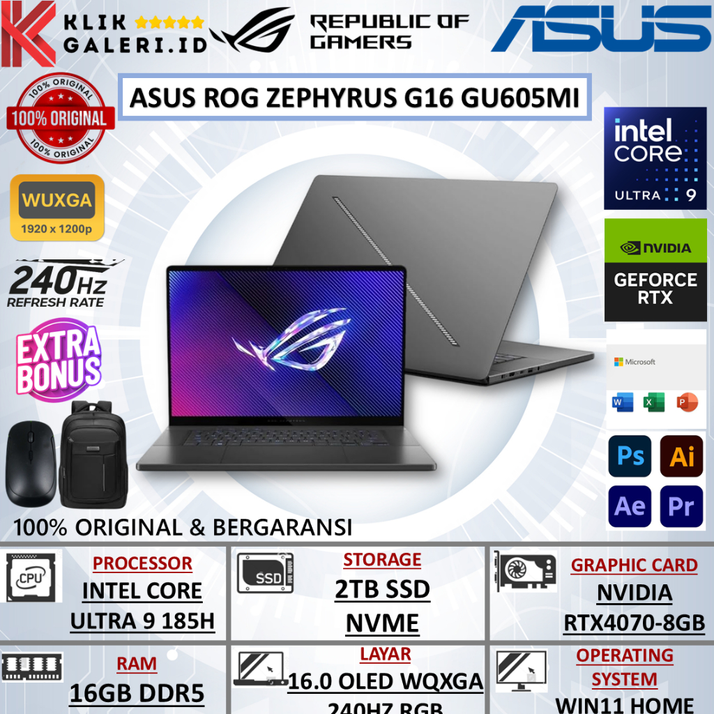 Laptop Gaming ROG ZEPHYRUS G16 Intel Ultra 9 185H Rtx4070 RAM 16GB 2TB Oled 240Hz Windows Terbaru