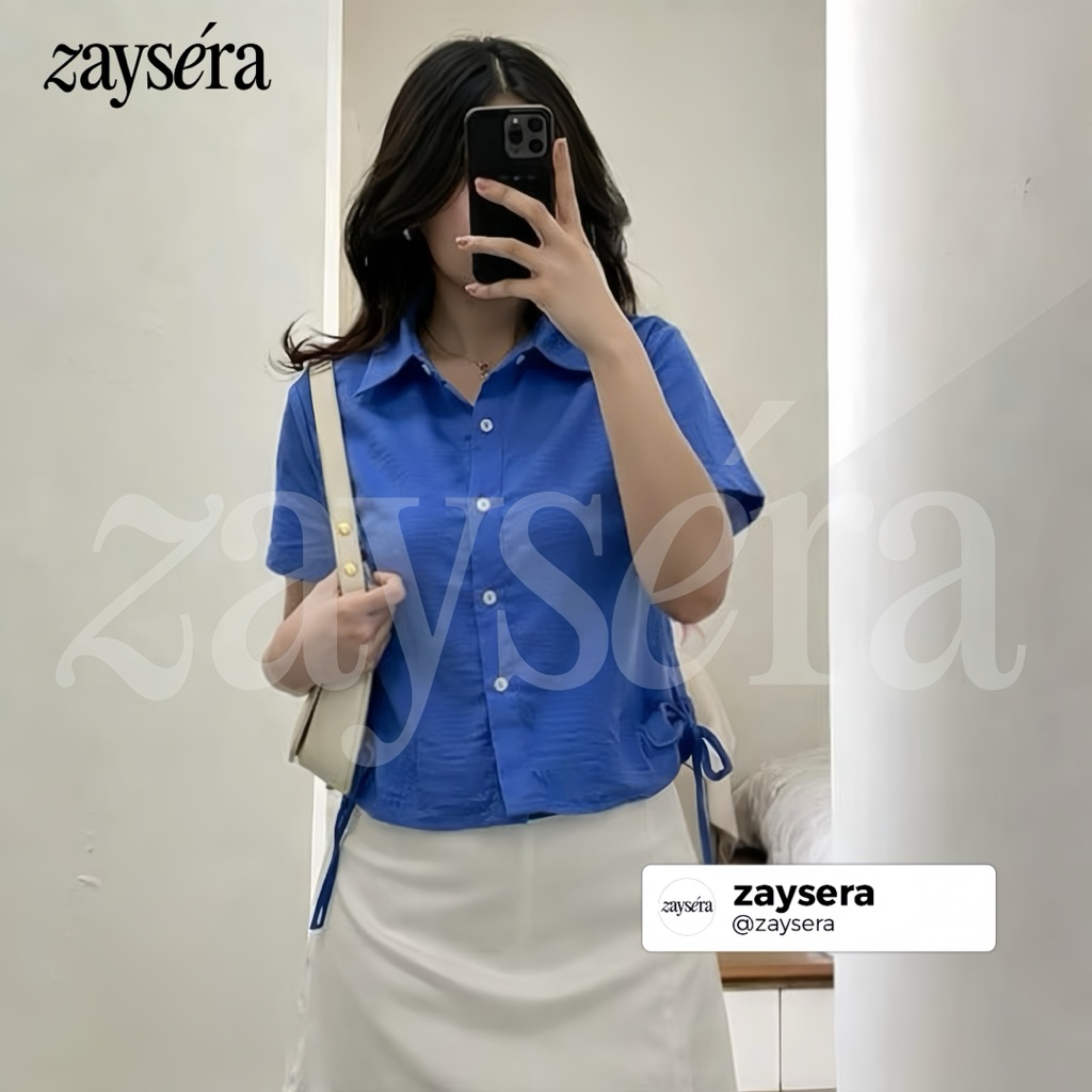 SENNIE | Kemeja Crop Wanita Crinkle Lengan Pendek Tali Samping S - XXL baju atasan wanita terbaru