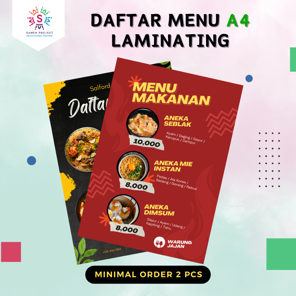 Cetak Daftar Menu Makanan Resto Warung Kertas A4 Art Carton Laminating