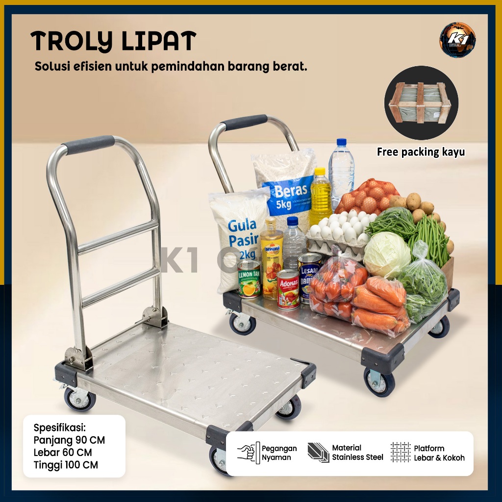 Troli Dorong Lipat Praktis Kuat, Kokoh, dan Anti Karat [ Include Packing Kayu ] MBG | Hand Truck Sta