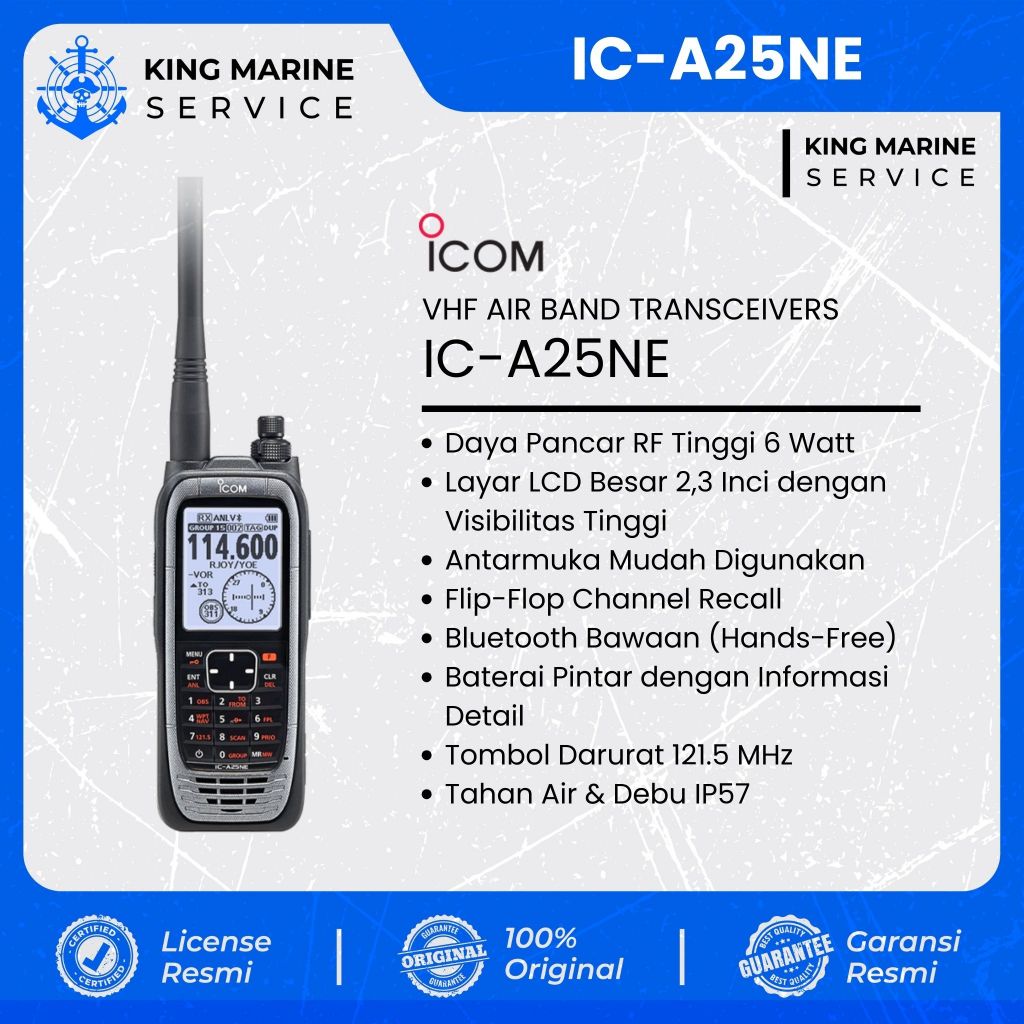 ICOM IC-A25NE Radio VHF COM/NAV Airband 6W IP57 Bluetooth GPS LCD 2.3 Inci