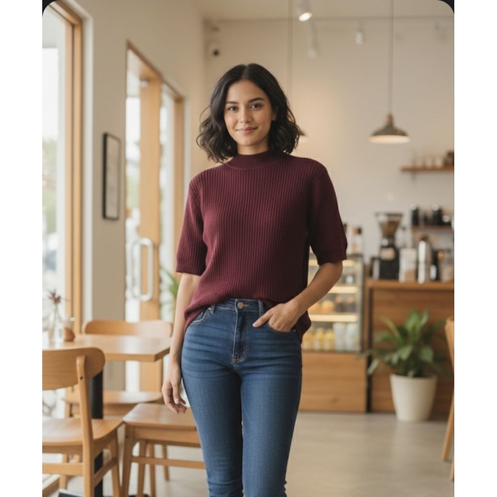 sweeter baju blouse wanita ungu maroon gelap XL merk remix jeans preloved bekas