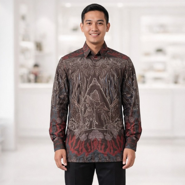 Batik Antasena - Ramayana Kemeja Batik Pria Lengan Panjang Warna Coklat