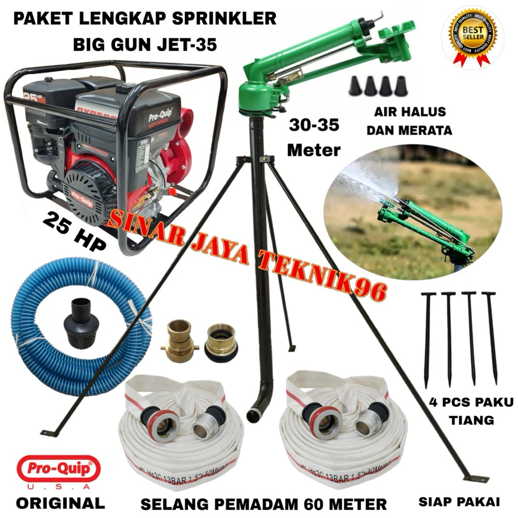 PROMO Paket Sprinkler Big Gun Jet-35 Komplit Pompa Pemadam Original Pro Quip 25 HP Radius Keliling 6