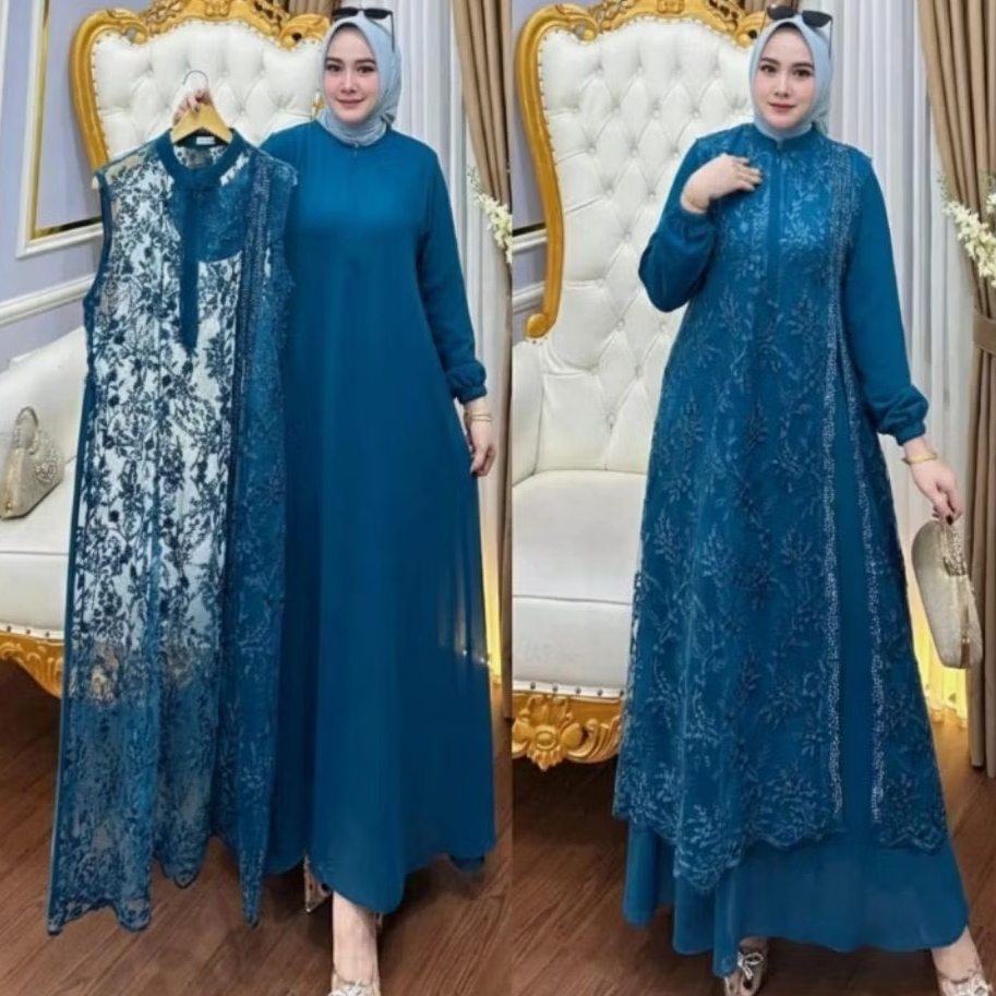 Gamis Emerald Blue Trend Dress Nazila Brukat Kombinasi Ceruty Variasi Swarovski Gamis Pesta Brokat M