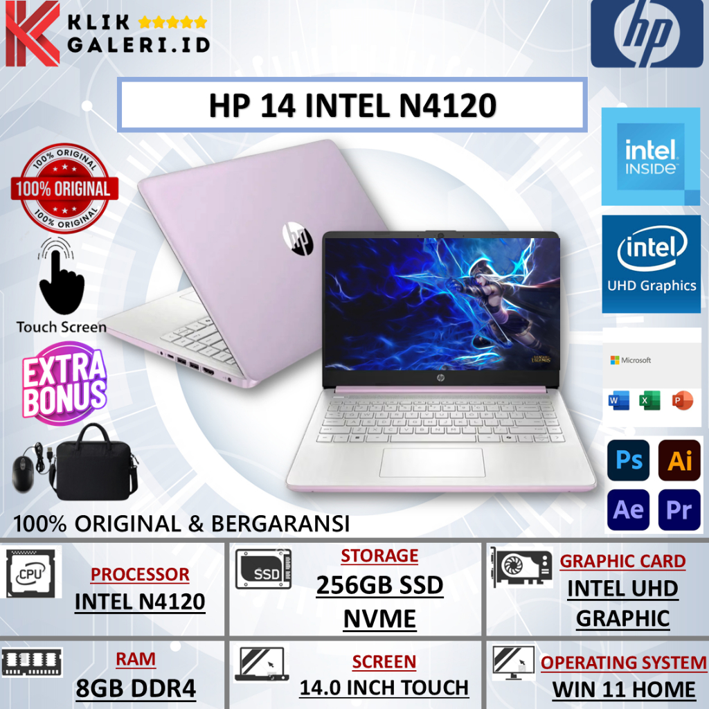 Laptop HP 14 Intel N4120 8GB 128GB Touchscreen Windows 11 Baru Lavender Biru Putih