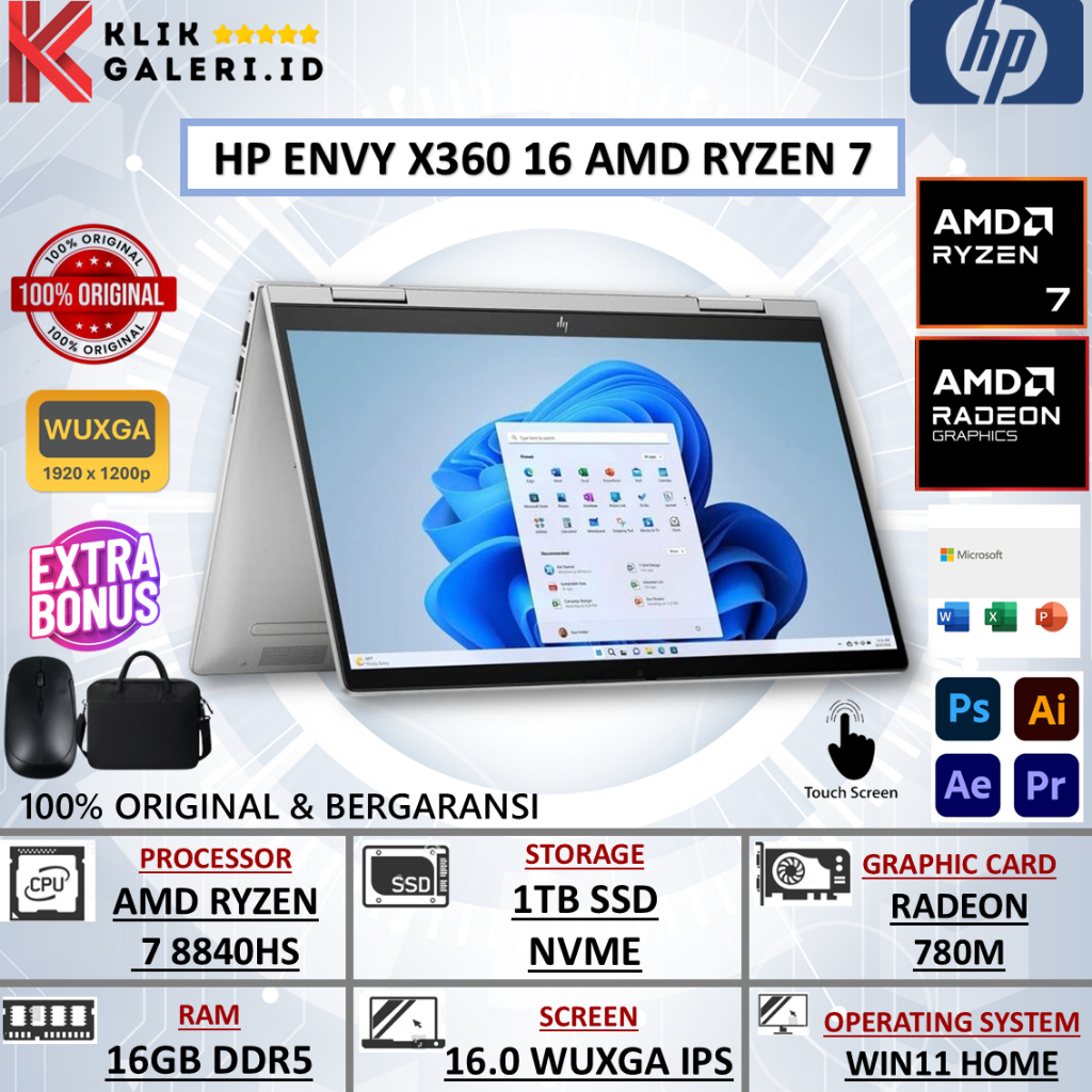 Laptop Hp Envy X360 16 Amd Ryzen 7 8840HS 16GB 1TB 16 Inch Wuxga Ips Touchscreen Backlight