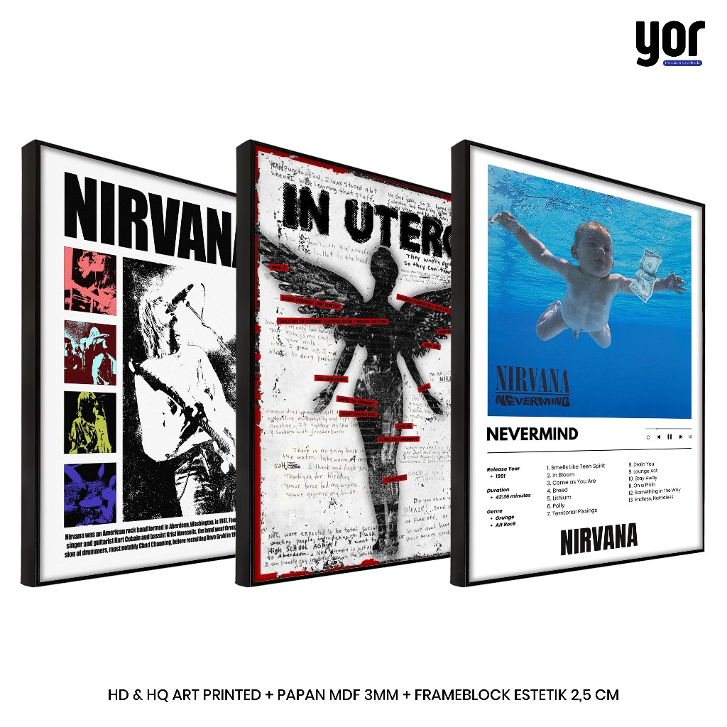 Yordecor Poster Kurt Cobain Nirvana Bingkai Frameblock - Pajangan Dinding Minimalis Estetik