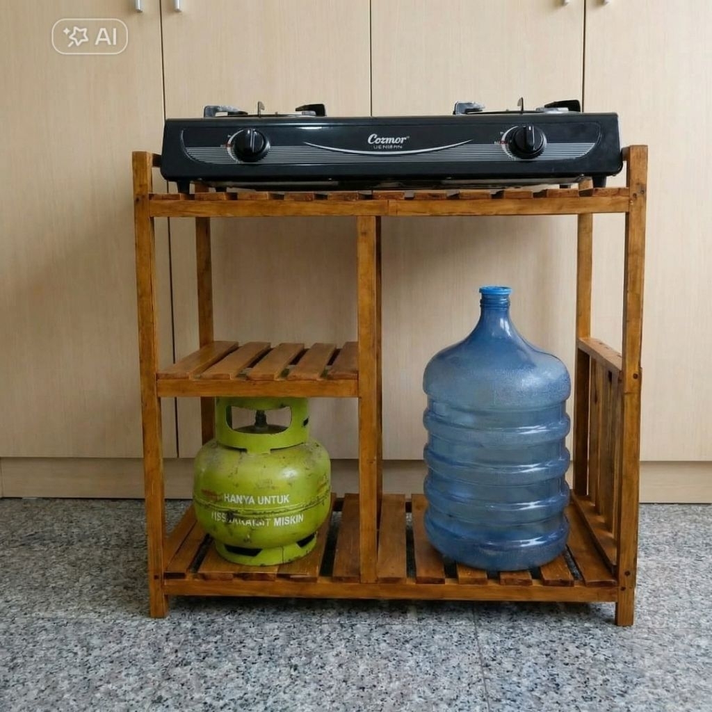 Rak kayu susun kombinasi | Rak kompor 2 tungku | Kayu estetik| Meja kompor | Meja dapur