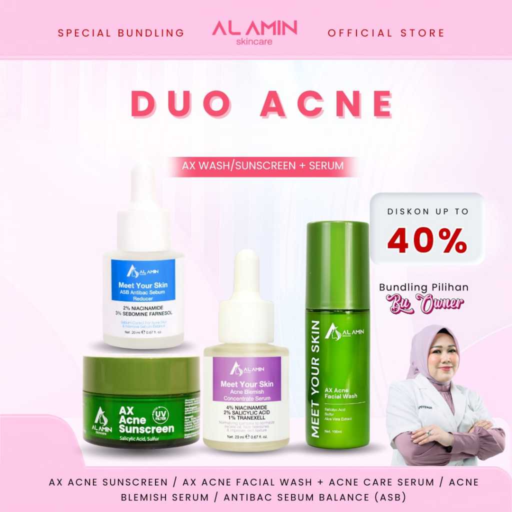 Duo Acne | Berjerawat | Berminyak | Sunscreen | Facial Wash | Alamin Skincare
