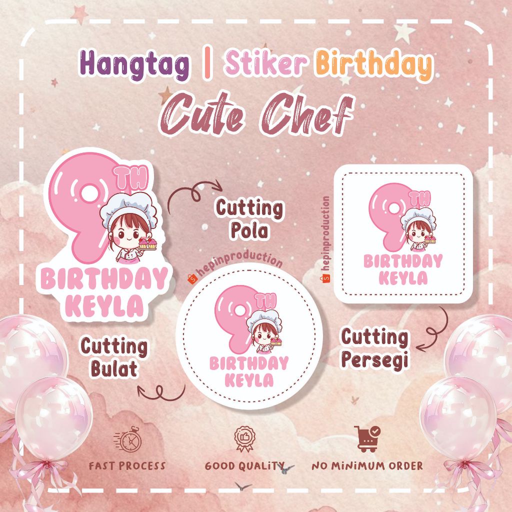 (30pcs) Hang tag - stiker ultah CUTE CHEF anak perempuan lucu
