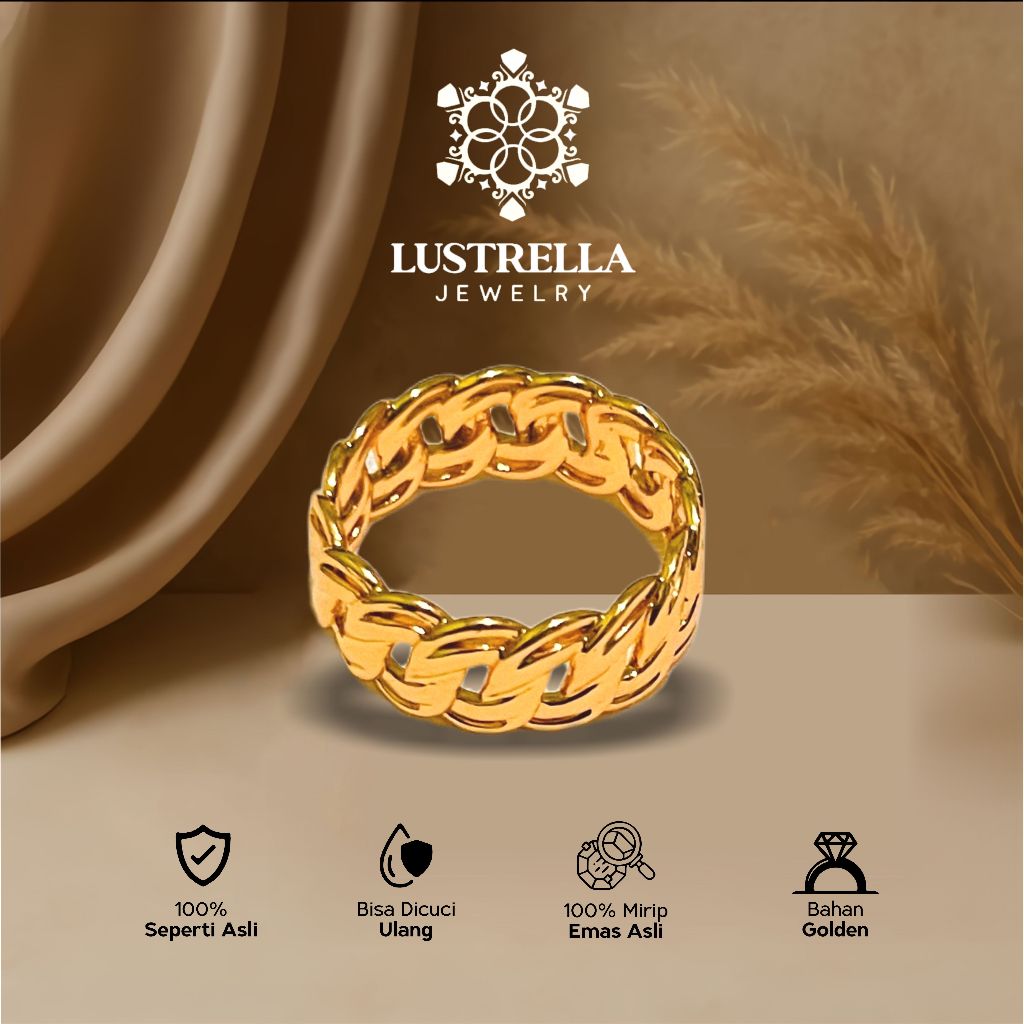 Cincin Gold Wanita Replika | Cincin Rantai Tebal Elegan Model Cuban Mirip Emas Asli