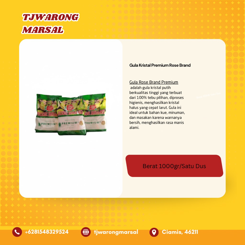 Gula Kristal Premium 1kg ROSE BRAND Harga Grosir Satu Dus 20Pcs Hemat CARGO