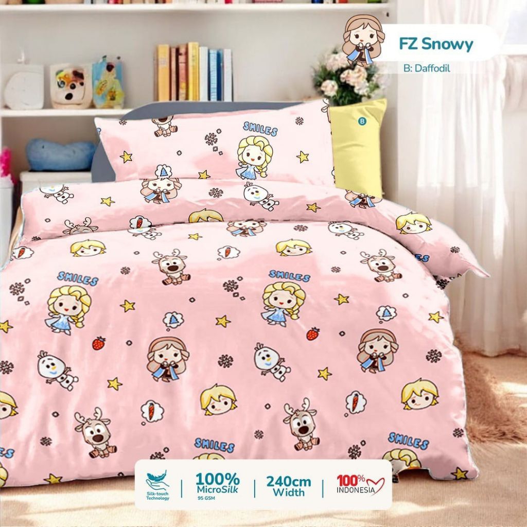 Sprei Karakter Anak Frozen Snowy Pink Sarung Bantal Guling Ukuran Lengkap Kain Karet