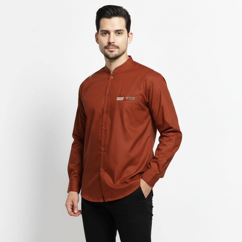 Elzaff - Baju Koko Pria Dewasa Asakhi Lengan Panjang Motif Raffa Merah Bata Teracota