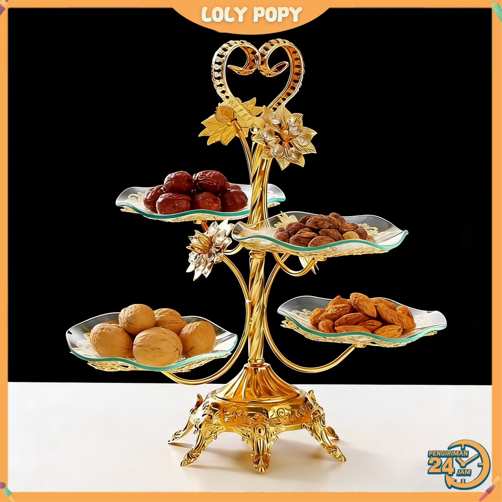 Nampan Estetik 4 Lantai Kaca Tempered Golden Minimalis Dekorasi Rumah Pesta Fruit Plate