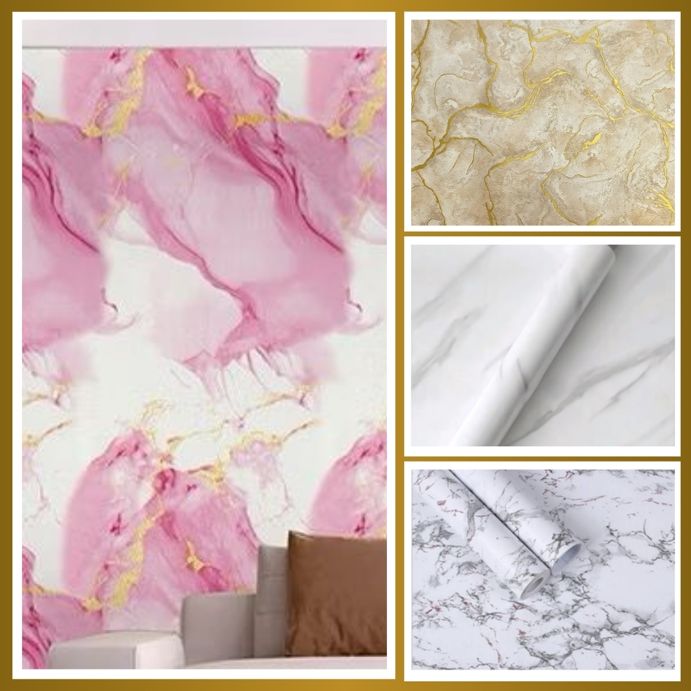 Wallpaper Marmer Walpaper Dinding Granit Pink Wallpaper Stiker Dinding Motif Marmer Marble Gold PVC