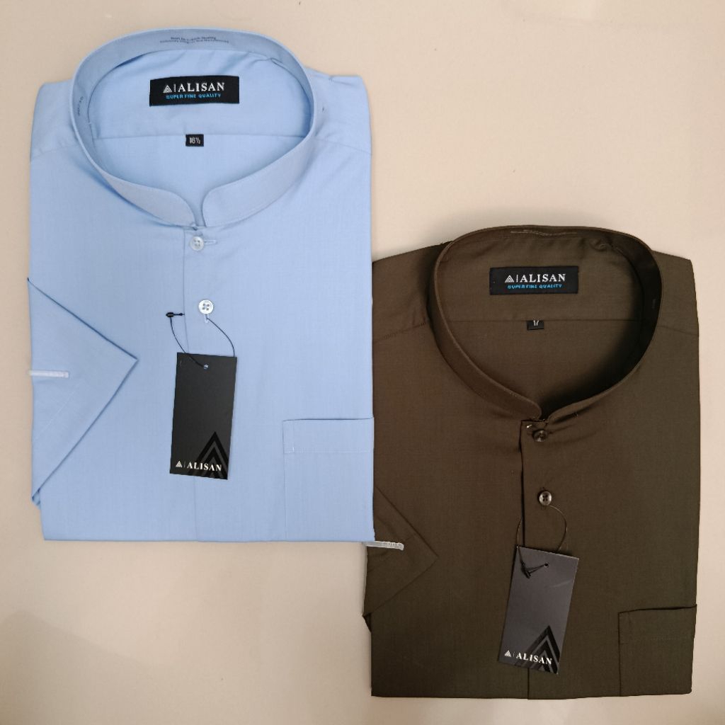 JUMBO LENGAN PENDEK Alisan Polos Koko Krah Shanghai Biru/Olive Reguler