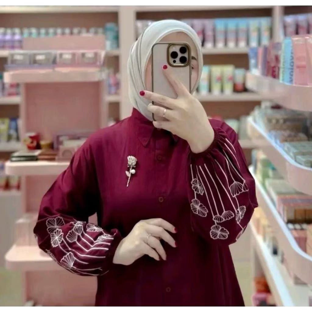 Atasan Kemeja Wanita Bordir Bunga Hijau Botol | Bahan Premium Adem | Tunik Hijab Friendly"