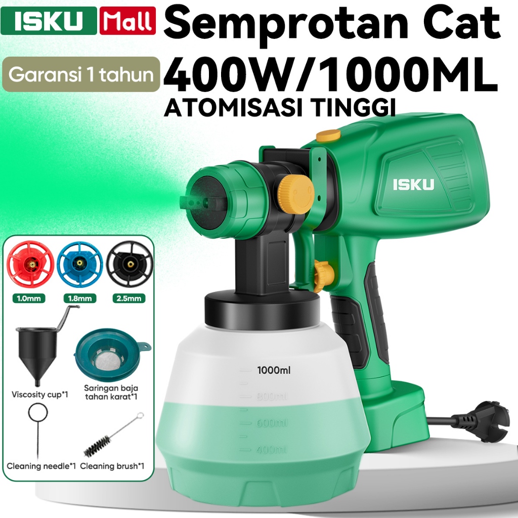 ISKU Spray Gun Cat Listrik 400W kaleng semprot cat Nozzle Tembaga Murni 360°Berputar 1000mL Kapasita