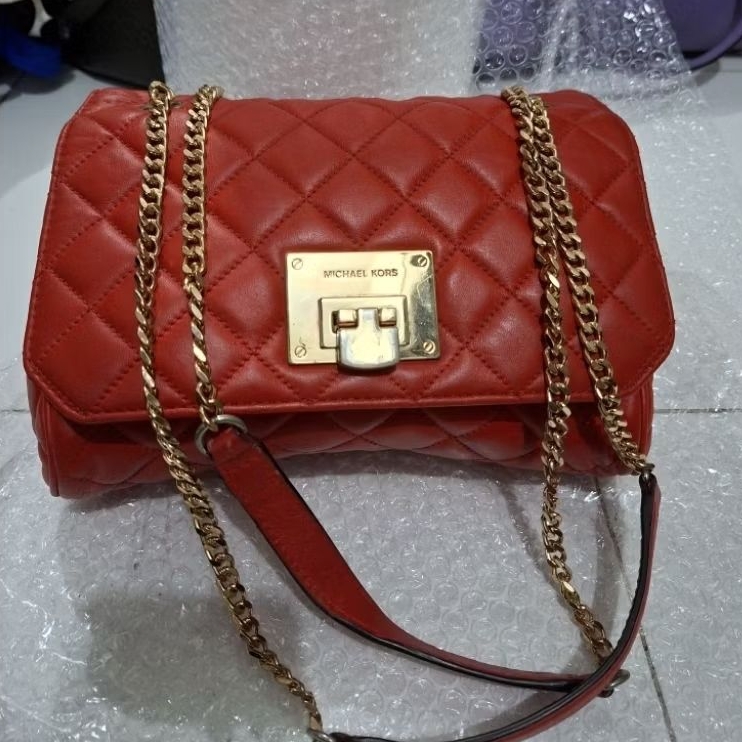tas kulit sling rantai shoulder warna merah 24x18cm