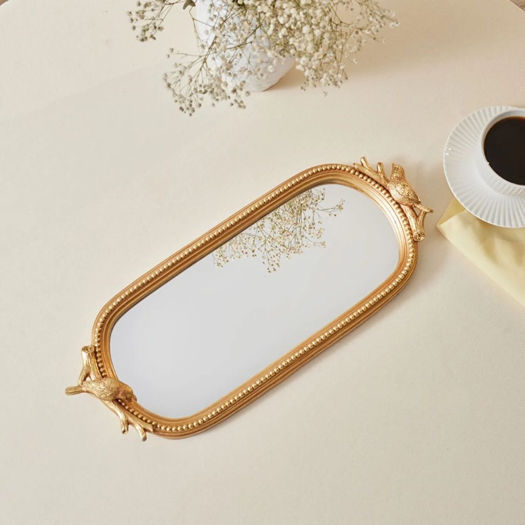Nampan kaca gold oval motif burung Nampan gold nampan kaca oval gold Tray Baki Emas Baki Gold Nampan