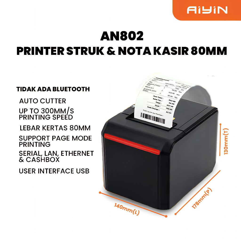 AiYin AN802 - Printer POS Struk Dan Nota Mesin Kasir 80mm Thermal Printer Tanpa Tinta USB/Bluetooth