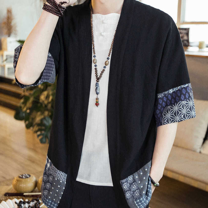 Kemeja Lengan Setengah Pria Musim Panas Kemeja Hanfu Longgar Jubah Dao Gaya Nasional