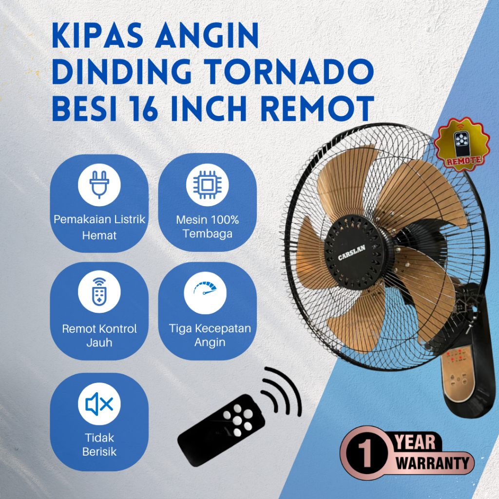 Kipas Angin Dinding Remot 16 Inch Besi Hemat Daya Garansi 1 Tahun