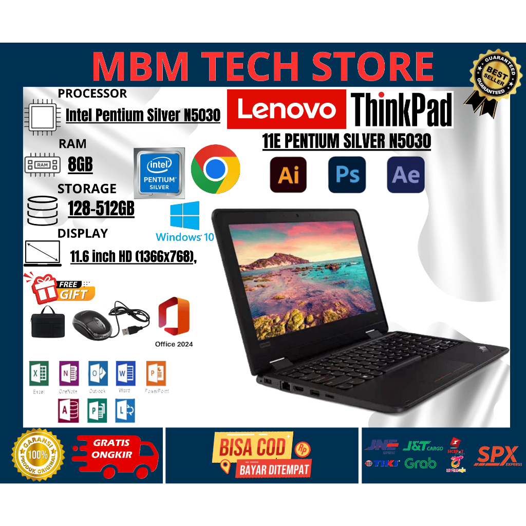 LAPTOP 1 JUTAAN LENOVO THINKPAD 11E PENTIUM N5030 8GB/512GB SSD WINDOWS 10 FREE MOUSE & TAS